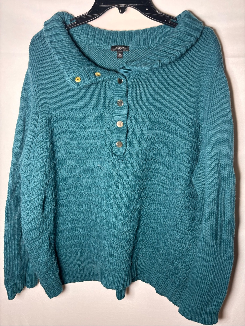 Talbots Women's Plus 3X Teal Knit Cowl Neck Button Long Sleeve Pullover Sweater
